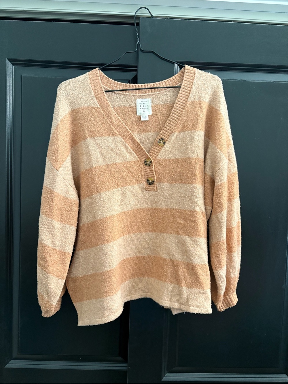Billabong Peach and Cream Striped V-Neck Sweater